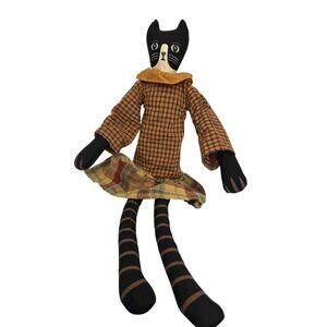 Vintage Primitive Folk Black Cat Doll Plaid Dress 21 in Decorative Piece